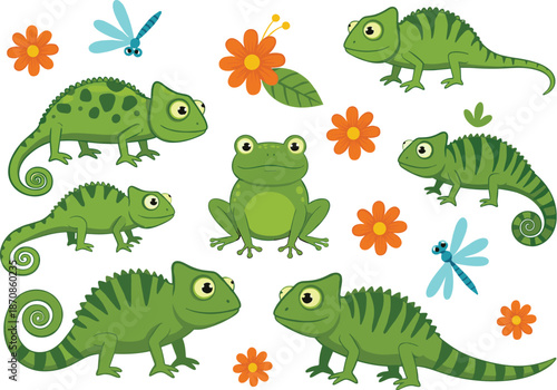Cute cartoon chameleon and frog vector set with flowers and insects, colorful playful illustration perfect for kids designs, nursery decor, and educational projects