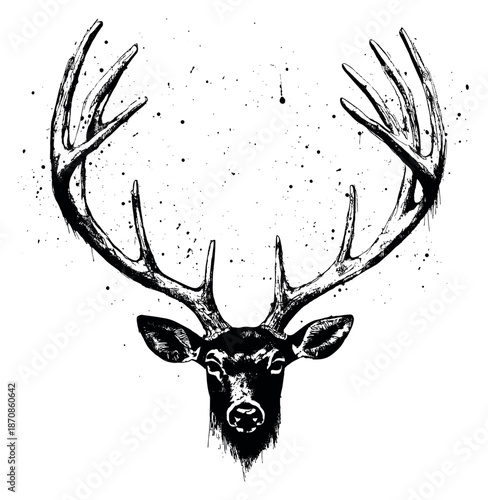 Grunge hand drawn illustration of a deer head with antlers depicting a wild animal with ink splatters for nature and outdoor apparel design