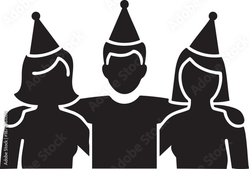Group of Three Friends in Party Hats Posing Together Silhouettes isolated on white background