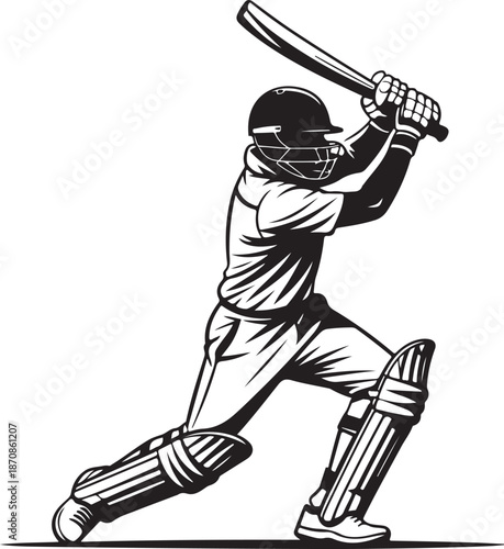 A cricket batsman prepares to swing fully geared up for the game