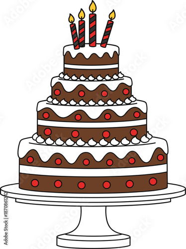 Large four tier chocolate cake vector illustration with white frosting and red polka dots for grand celebration events.