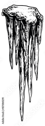 Hand drawn line art illustration of a cluster of icicles depicting a cold winter environment