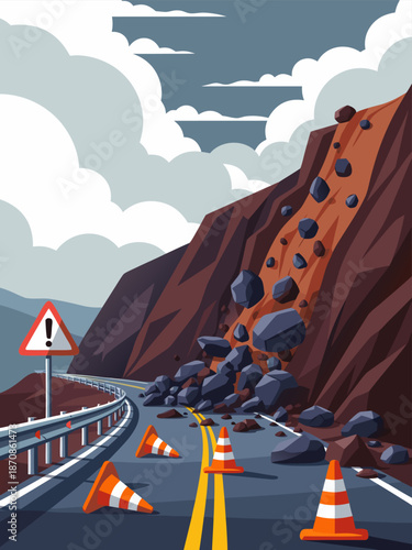 Vector illustration of a dangerous landslide blocking a road with traffic cones and warning signs