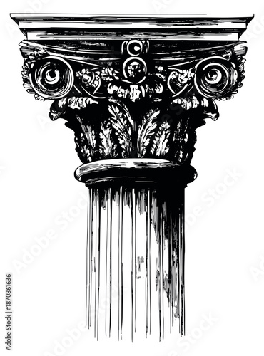 Hand drawn illustration of a classical column capital depicting a vintage style with a dripping ink effect for historical or design concepts