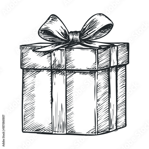 A hand drawn sketch style gift box wrapped with a festive bow, perfect for holiday greetings, birthday wishes, celebration announcements, and special occasion promotions.