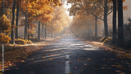 road in the middle of autumn forest trees background, highway, landscape