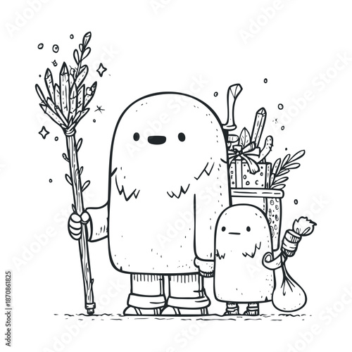Cute friendly monochrome characters, one holding a powerful crystal staff and the smaller one carrying a small bundle, representing companionship for engaging childrens stories or playful