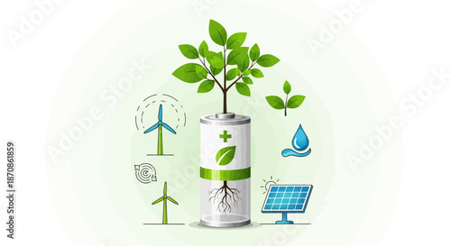 environmentally friendly energy sources concept with renewable energy symbols and plant growth