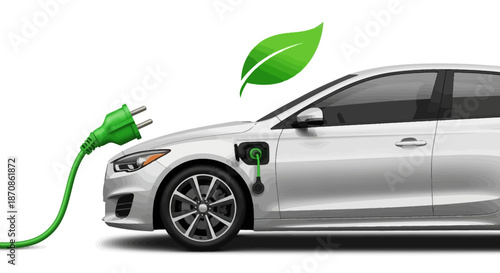 eco-friendly electric car with green leaf and charging plug emphasizing sustainability and eco
