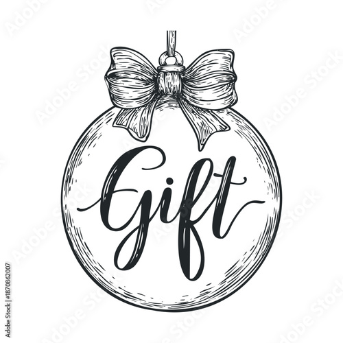 Elegant black and white sketch of a round gift ornament adorned with a festive bow and the word Gift in decorative calligraphy ideal for holiday packaging special event invitations or