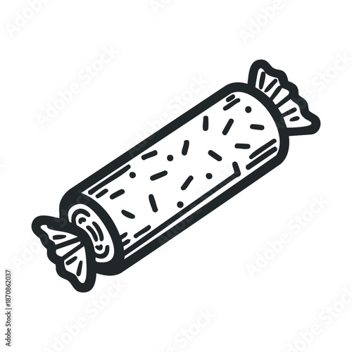 Hand drawn outline doodle of a delicious wrapped sweet candy roll with decorative sprinkles, perfect for food product packaging, childrens treat branding, or confectionery menu icons.