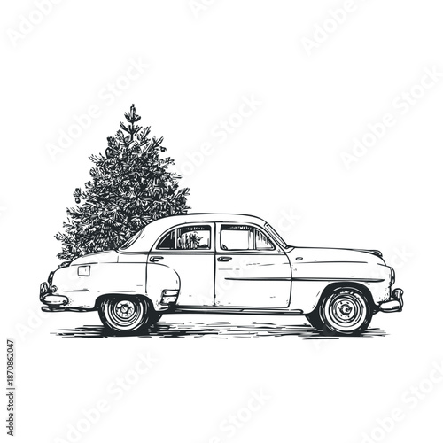 Classic midcentury automobile transporting a decorated evergreen Christmas tree, ideal for seasonal greetings, holiday promotions, and nostalgic winter advertisements and festive designs