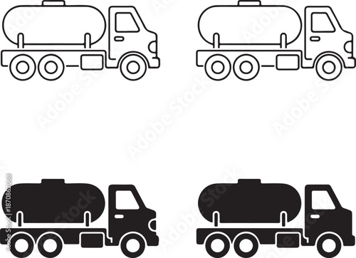 Four different black and white truck silhouettes with tanker trailers