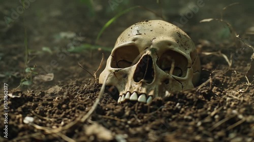 Cinematic close-up human skull rib bones partially buried dirt, dried grass, leaves debris, wind blowing dust, small insects crawling natural light beams, slow-motion, earthy tones, 4K HD, cinematic