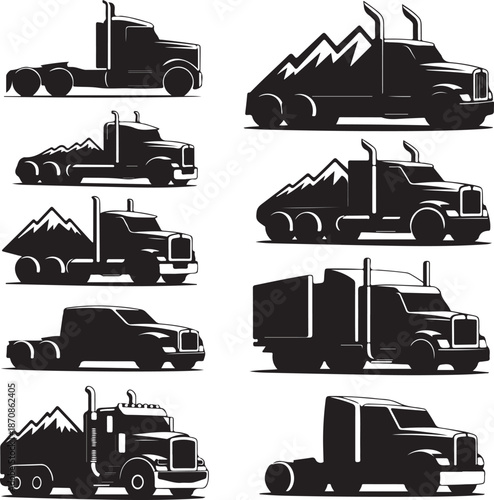 Black silhouettes of various semi trucks and lorries with mountains