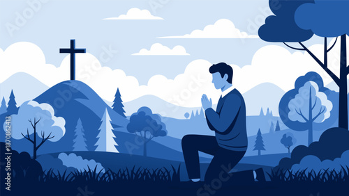 Hopeful Prayer and Faith Concept Vector Illustration of a Man Kneeling Before a Cross on a Hill