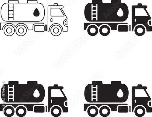 Four different colored oil tanker truck icons in various styles and colors