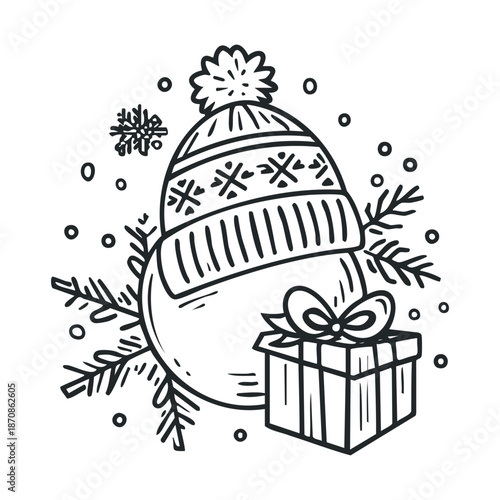 Hand drawn winter beanie with a classic pompom adorned with a present and evergreen sprigs, ideal for Christmas marketing and cold weather themes.