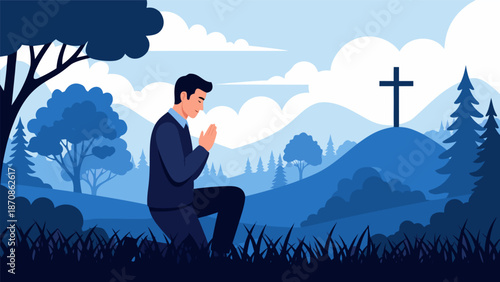 Man kneeling in prayer at a Christian cross on a hill, a serene landscape vector illustration