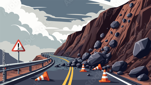 Vector illustration of a landslide impacting a road with warning signs and traffic cones, danger ahead