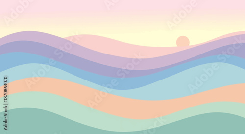 Abstract pastel wave landscape with soft gradient sunset over rolling hills and gentle sky