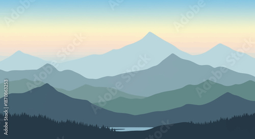 Serene Mountain Landscape Illustration with Multiple Ridges and a Calm Lake at Sunset