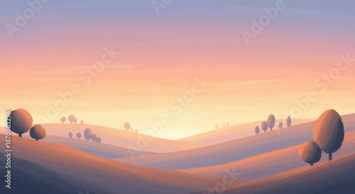 Serene twilight landscape featuring rolling hills painted with vibrant pastel colors and scattered