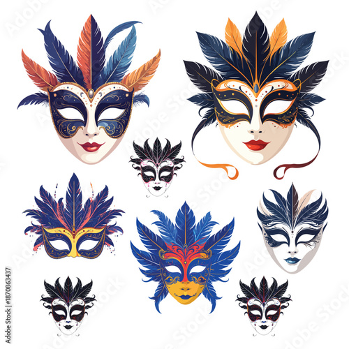 A collection of elegant carnival masks featuring a glamorous lady with red lips and mysterious eyes adorned in a fashion masquerade costume with black feathers for a Venice festival