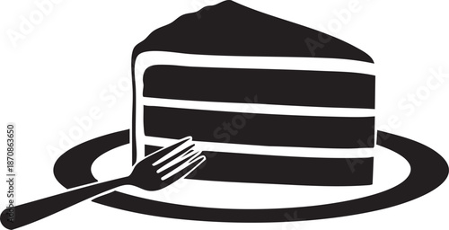 Layered Birthday Cake Slice on Plate with Fork Silhouettes isolated on white background