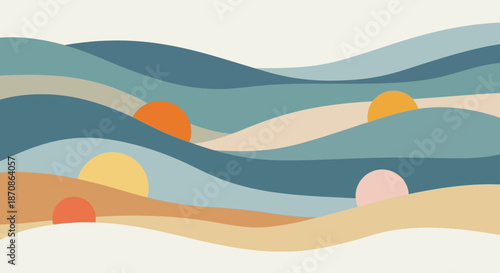 Abstract scenic landscape with rolling hills and colorful setting sun illustrations