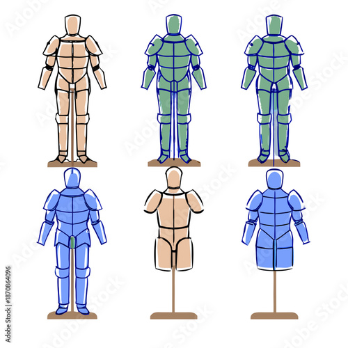 Illustration of six mannequin figures in various colors and poses  