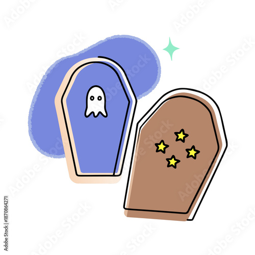 Cartoon coffins with ghost and stars on colorful background  