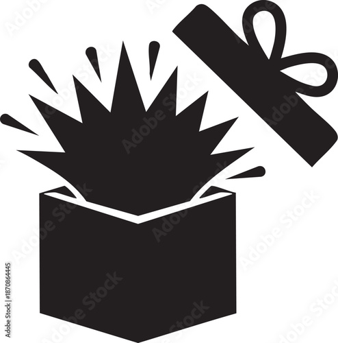 Open Gift Box with Lifted Lid and Bursting Surprise Silhouettes isolated on white background