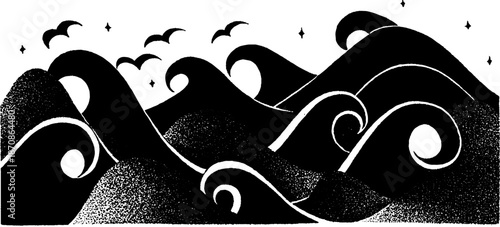 Monochrome ocean waves and flying birds in artistic design