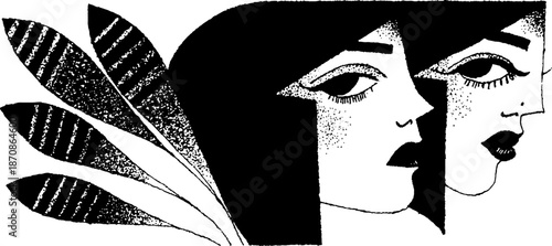 Abstract art deco illustration of two female faces with geometric patterns