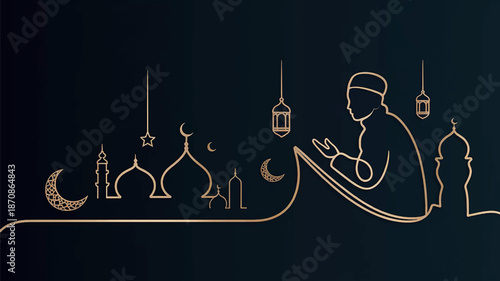 Elegant Minimalist Islamic Eid Rose Gold Line Art with Mosque and Prayer Illustration
