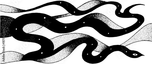 Black and white abstract snake pattern with dotted texture