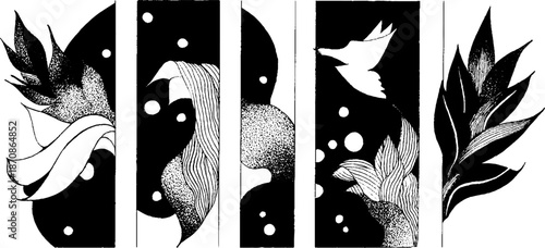 Black and white abstract nature panels with bird and leaves