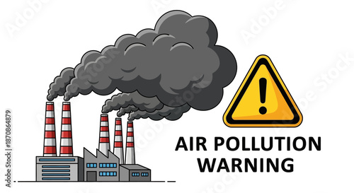 air pollution warning sign illustrating industrial smoke emissions and pollution hazards