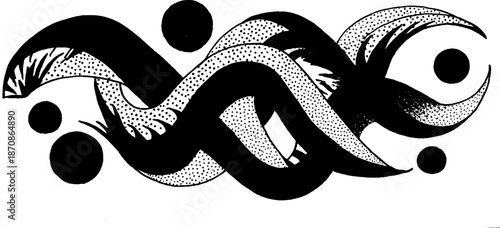 Abstract monochrome waves and dots artwork in black and white