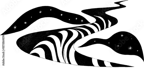 Abstract black and white cosmic landscape with flowing river and stars