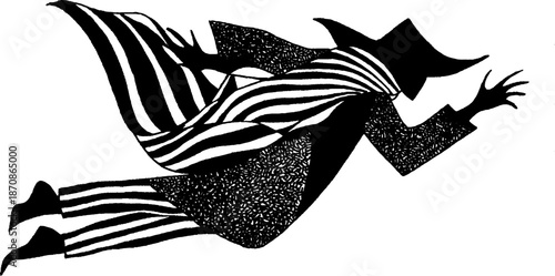 Silhouette of a person in striped costume and wavy cloak leaping in mid-air