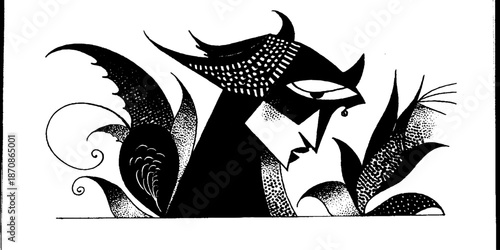 Abstract monochrome illustration of stylized profile with wings