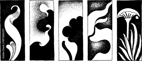 Abstract black and white botanical and geometric patterns in vertical panels