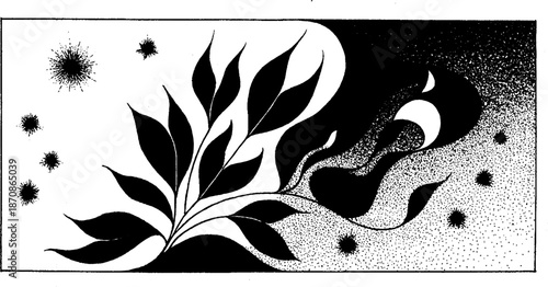 Abstract monochrome botanical artwork with leaf and celestial elements