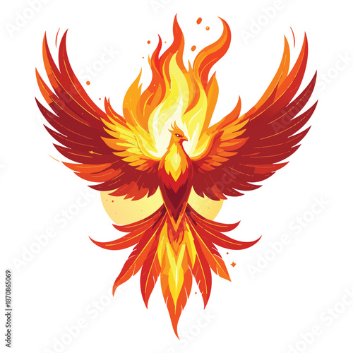 Hot orange and red fiery wings tattoo vector illustration featuring burning tribal flames and a soaring phoenix element designed as a heat symbol of light and danger