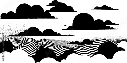 Abstract monochrome landscape with clouds and wavy patterns
