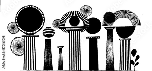 Abstract monochrome geometric columns with circular patterns and botanical elements