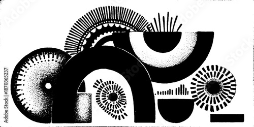 Monochrome geometric shapes with circular and linear patterns