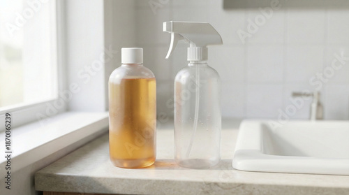 Plastic spray bottle and amber liquid bottle on counter by sink